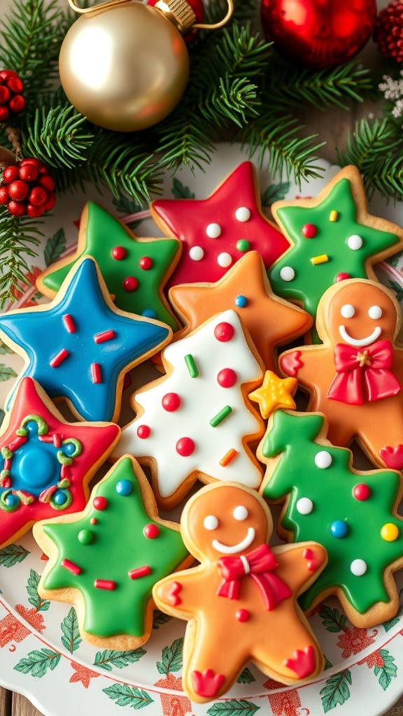 An assortment of decorated Christmas cookies in fun shapes on a festive plate, surrounded by holiday decorations.